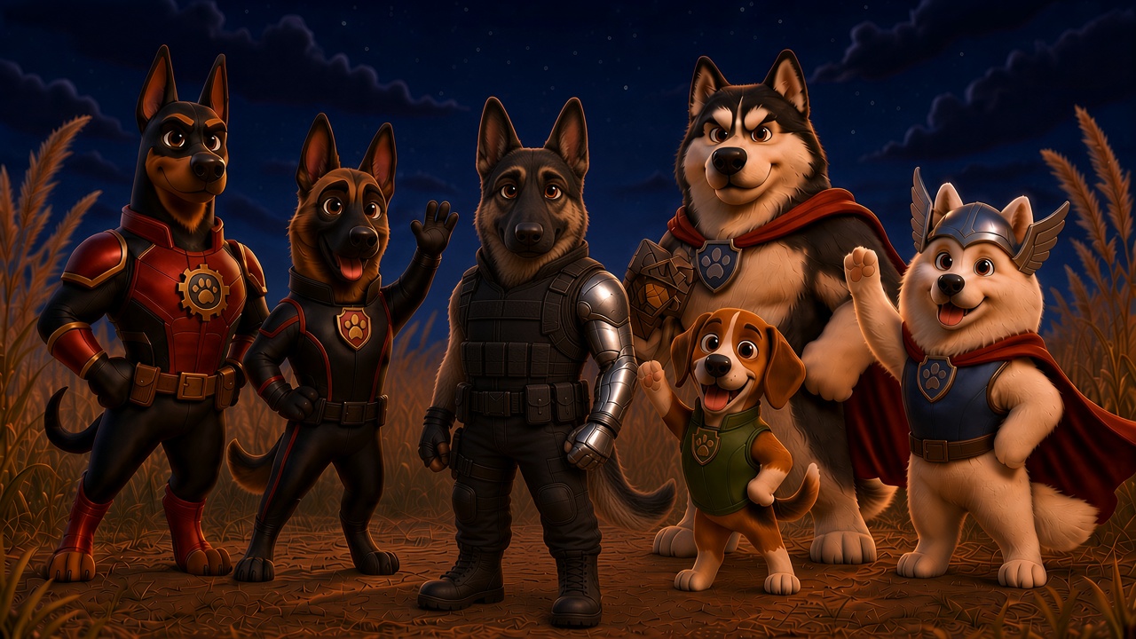 The Bucky's Battalion hero dogs: Bucky the German Shepherd as the Winter Soldier, the Beagle as Hulk, the Doberman as Iron Man, the female Malinois as Black Widow, the Malamute, and the Samoyed.